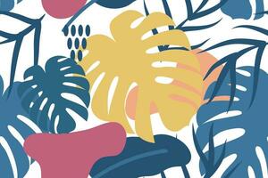 monstera löv, palmer och tropisk växter med abstrakt organisk former element sömlös mönster vektor