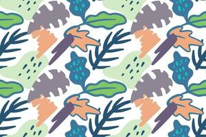 hand dragen tropisk djungel växter med abstrakt former sömlös mönster design vektor