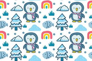 hand dragen söt liten pingvin med regnbåge tecknad serie illustration sömlös mönster vektor