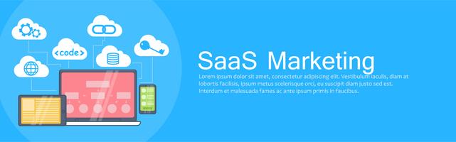 SaaS Marketing Banner. Bärbar dator, tablett och telefon, molnlagring med ikoner. Vektor platt illustration