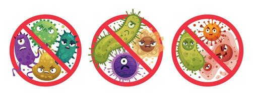 Bakterien im Verbot unterzeichnen. Comic gekreuzt aus Mikroben und Viren, bakteriell Schutz und Desinfektion Vorsicht Symbol Karikatur Vektor Illustration einstellen