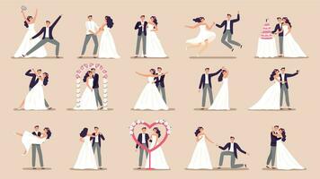 Hochzeit Paare. Braut im Hochzeit Kleid, gerade verheiratet Paar und Ehe Zeremonie Karikatur Vektor Illustration einstellen