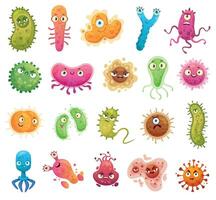 tecknad serie bakterie maskot. virus karaktär, bakterier med rolig ansikten. Färg mikrober och sjukdom virus isolerat vektor illustration uppsättning