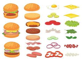 tecknad serie burger Ingredienser. hamburgare, hacka bulle och tomat. skinka, färsk ättiksgurka och ost skivor. snabb mat konstruktör vektor illustration uppsättning