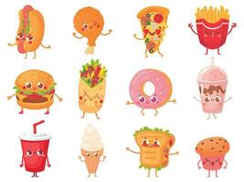 tecknad serie snabb mat maskotar. gata mat karaktär, franska frites och pizza maskot vektor illustration uppsättning