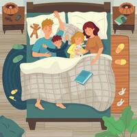 barn sömn i föräldrar säng. samsova med barn. pappa, mamma och barn sömn tillsammans, sovande ung pojke och flicka vektor illustration