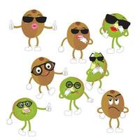 Kiwi Obst lächelt. süß Karikatur Emoticons. Emoji Symbole. Kiwi Charakter mit ein cool Gesicht und Sonnenbrille. perfekt zum Kinder, Fan-Shop und Aufkleber, Banner Beförderung vektor