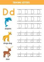 Rückverfolgung Alphabet Briefe zum Kinder. Tier Alphabet. Brief d ist zum Delfin Dingo Hund und Reh. vektor