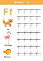 Rückverfolgung Alphabet Briefe zum Kinder. Tier Alphabet. Brief f ist zum Fuchs Flamingo und Flunder. vektor