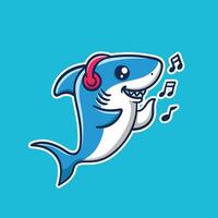 Vektor Illustration von süß Hai Hören Musik- auf Blau Hintergrund gut zum Aufkleber oder Maskottchen