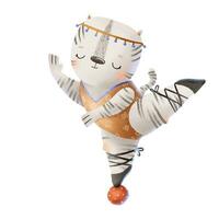 ein schwarz und Weiß Zebra im ein Gymnastik- Orange Trikot und ein Stirnband und pointe Schuhe steht auf ein Gymnastik- Ball auf einer Bein. Ballett zeigen, Zirkus Vielfalt Leistung. süß kindisch Hand vektor