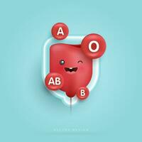 blod väska med grupp droppar. blod typ. söt Lycklig friska leende blod släppa karaktär för medicinsk appar, webbplatser och sjukhus. vektor design.