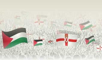 palestina och nordlig irland flaggor i en folkmassan av glädjande människor. vektor
