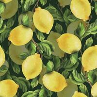Zitronen sind Gelb, saftig, reif mit Grün Blätter, Blume Knospen auf das Geäst, ganze und Scheiben. Aquarell, Hand gezeichnet botanisch Illustration. nahtlos Muster auf ein Grün Hintergrund vektor