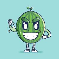 süß Karikatur Vektor Illustration von Wassermelone im stark Hand Geste. süß Wassermelone Obst Maskottchen Vektor