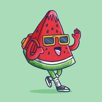 söt tecknad serie vektor illustration av vattenmelon skiva använder sig av solglasögon.vattenmelon frukt maskot vektor