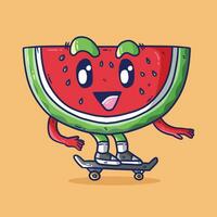 söt tecknad serie vektor illustration av vattenmelon skiva spelar skateboard. söt vattenmelon frukt maskot vektor