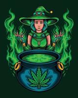 grüne Marihuana-Hexe mit Zauberspruch vektor