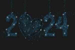 abstrakt isoliert Blau Bild von Neu Jahr Nummer 2024. polygonal niedrig poly Drahtmodell Illustration sieht aus mögen Sterne im das hell Nacht Himmel im Spase oder fliegend Glas Scherben. Digital Netz, Internet Design. vektor
