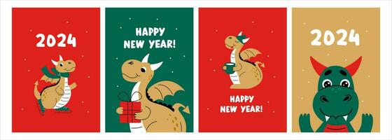 en uppsättning av vykort Lycklig ny år 2024 kinesisk år av de grön drake. söt rolig tecknad serie drake. vektor