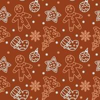 Weihnachten Lebkuchen Mann Kekse und andere traditionell Attribute. nahtlos Muster auf braun Hintergrund. Vektor. vektor