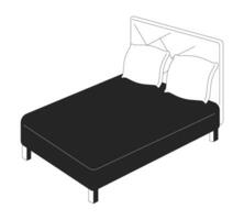 sänggavel dubbel- säng svart och vit 2d linje tecknad serie objekt. svart ark drottning storlek säng isolerat vektor översikt Artikel. bekväm strö möbel med kuddar enfärgad platt fläck illustration