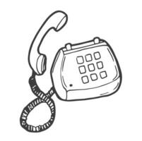 hand dragen söt översikt illustration av blå retro trådbunden telefon. platt vektor gammal telefon med ringa klistermärke i enkel linje konst klotter stil. ring upp enhet ikon eller skriva ut. isolerat på vit bakgrund.