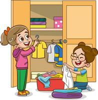 vektor illustration av söt barn sätta deras kläder i de garderob.glad liten barn håller på med hushållsarbete rengöring.
