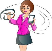 Vektor von Geschäftsfrau mit ein Smartphone und Stift.