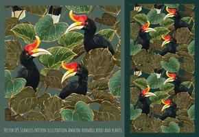 seamless mönster illustration amazon hornbill fåglar och växter vektor