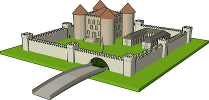 medeltida slott med befäst vägg och tornsand bro vektor illustration på vit bakgrund