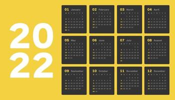 Kalender 2022, 12 Monate in sauberem, minimalistischem Tischstil. vektor