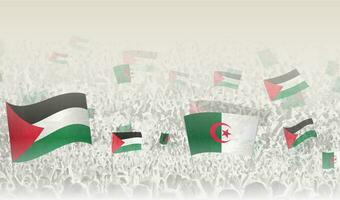 Palästina und Algerien Flaggen im ein Menge von Jubel Personen. vektor