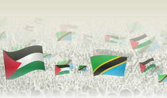 palestina och tanzania flaggor i en folkmassan av glädjande människor. vektor