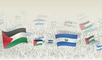 Palästina und el Salvador Flaggen im ein Menge von Jubel Personen. vektor