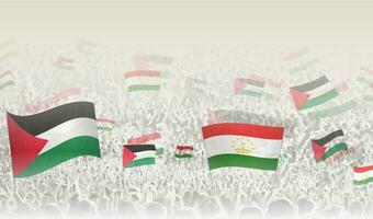 palestina och tadzjikistan flaggor i en folkmassan av glädjande människor. vektor