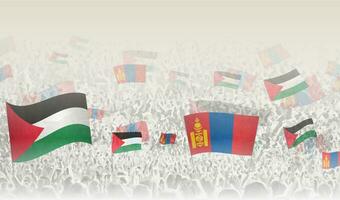 palestina och mongoliet flaggor i en folkmassan av glädjande människor. vektor