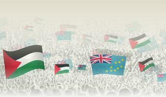 Palästina und Tuvalu Flaggen im ein Menge von Jubel Personen. vektor
