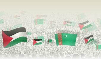 Palästina und Turkmenistan Flaggen im ein Menge von Jubel Personen. vektor
