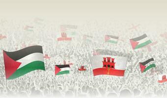 Palästina und Gibraltar Flaggen im ein Menge von Jubel Personen. vektor