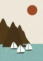minimalistisch Meer Landschaft und Schiffe Kindergarten Illustration Poster. norwegisch Fjord beim Sonnenuntergang vektor