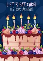födelsedag hälsning kort mall. baner, flygblad med en kaka dekorerad med grädde, hallon, blåbär och en ljus. Lycklig födelsedag inbjudan design för Semester, årsdag, fest vektor