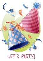 födelsedag hälsning kort mall. baner, flygblad med fest hattar, serpentin. Lycklig födelsedag inbjudan design för Semester, årsdag, fest vektor