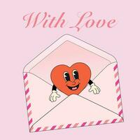 Vorlage von ein Valentinstag Briefumschlag mit Herz Charakter. Liebe Brief im retro Hippie Stil. das Konzept von Liebe und Valentinstag Tag. vektor