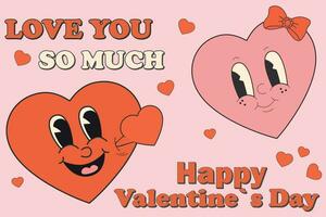 groovig schön Herz Vorlage Poster. Liebe Konzept. glücklich Valentinsgrüße Tag. Comic glücklich Herz Charakter im modisch retro 60er Jahre 70er Jahre Karikatur Stil. vektor
