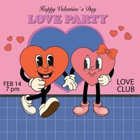 retro Poster zum Valentinsgrüße Party. glücklich Valentinsgrüße Tag. Gruß Karte im retro 60er, 70er Jahre Karikatur Stil. Liebe Konzept. funky glücklich Herz Charakter im modisch retro Karikatur Stil. Vektor Illustration