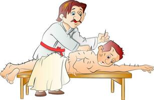 en tecknad serie man få hans tillbaka masseras förbi en läkare vektor