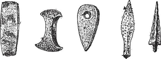 vapen och verktyg i polerad sten, insättningar av Danmark, årgång gravyr. vektor