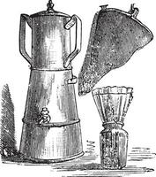 filtrera kaffe filtrera papper placerad på en burk vanlig skor, årgång gravyr. vektor