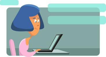 Mädchen mit Blau Haar auf ein Laptop, Illustration, Vektor auf ein Weiß Hintergrund.